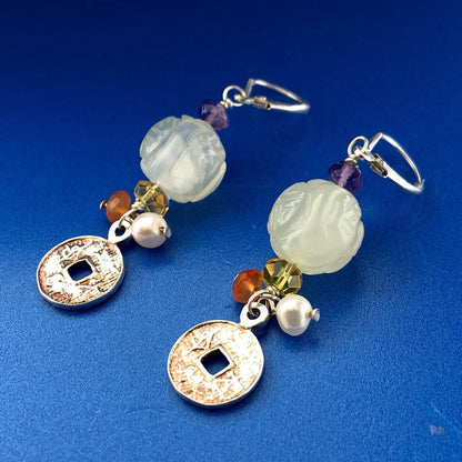 Designer Sterling Silver 925 Amethyst Citrine Pearl Art Glass Dangle Earrings