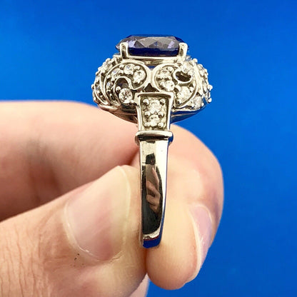 Gorgeous Sterling Silver 925 Purple Spinel Diamond Halo Statement Cocktail Ring