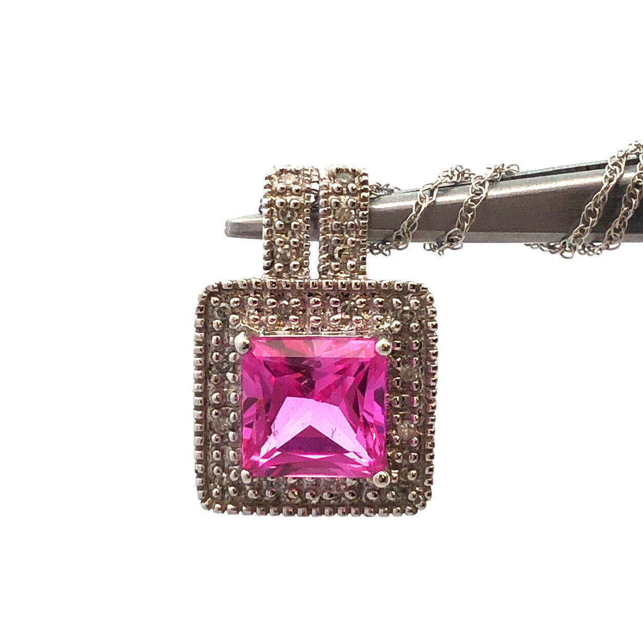 Designer 10K White Gold Princess Pink Sapphire Diamond Pendant Necklace