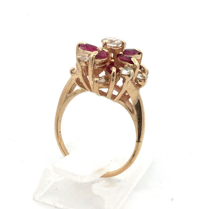 Vintage 14K Yellow Gold Round Diamond Marquise Lab Created Ruby Cocktail Ring