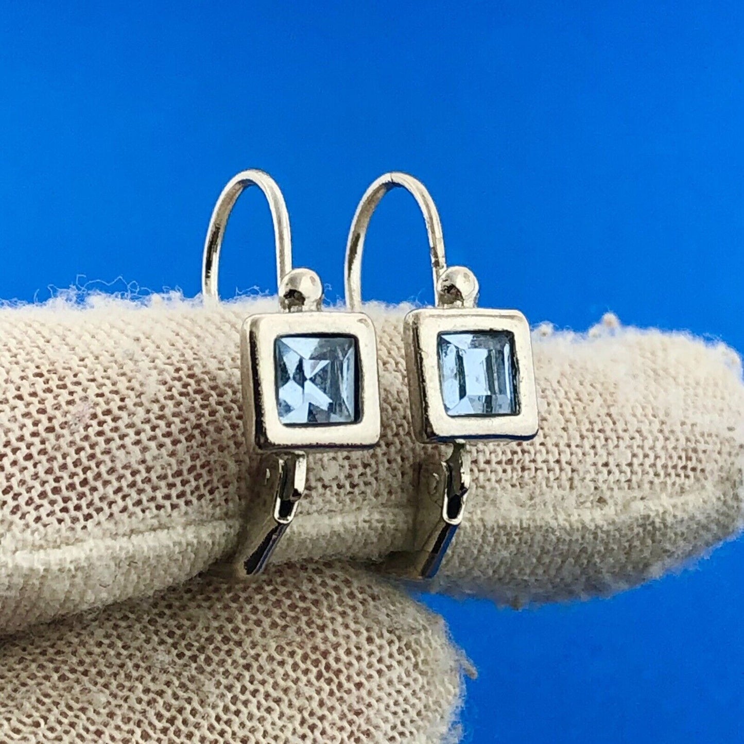 Lovely Silver Toned Princess Cut Light Blue Crystal Leverback Earrings