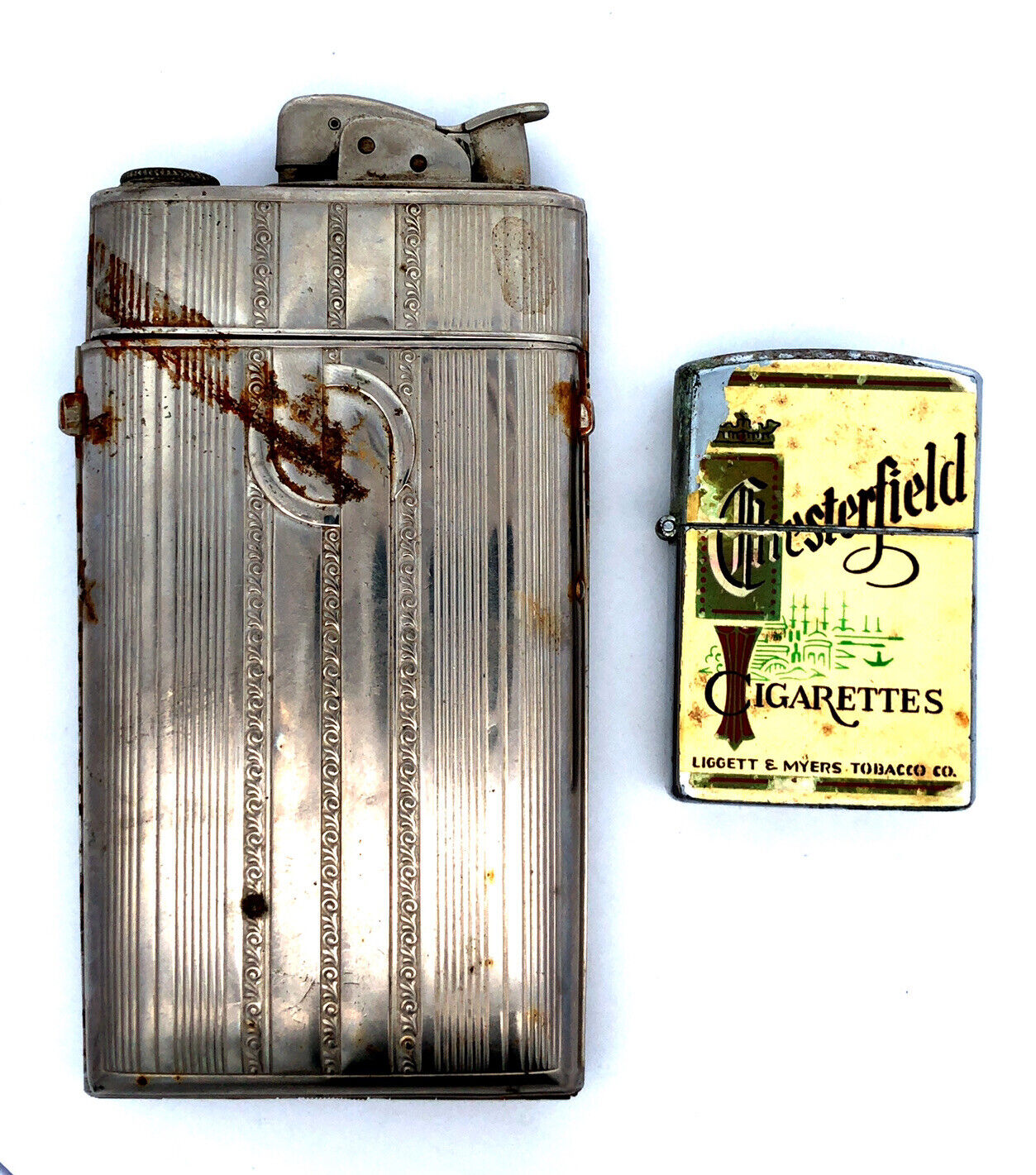 Art Deco Evans Chrome Cigarette Case Lighter Combo Chesterfield Lighter 2pc Lot