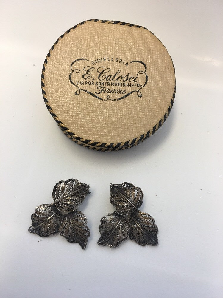 Vintage Art Deco 900 Stamped Silver Filigree Leaf Design Clip On Earrings