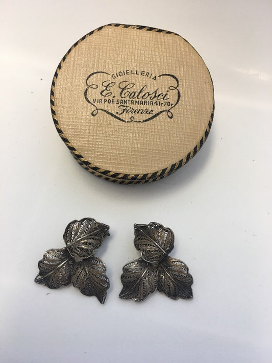 Vintage Art Deco 900 Stamped Silver Filigree Leaf Design Clip On Earrings