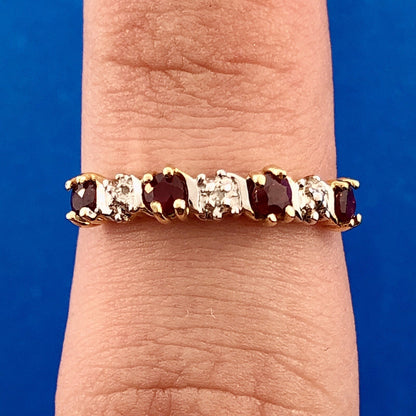 Retro 10K Yellow White Gold Ruby Diamond Stackable Anniversary Band Ring