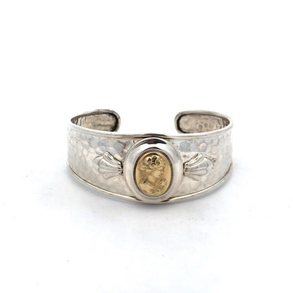 Designer Italy 925 Sterling Silver 14K Gold Cameo Hammered Open Cuff Bracelet