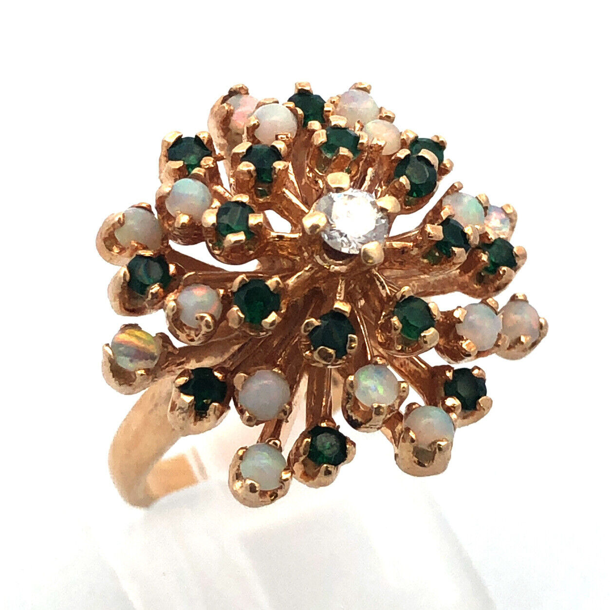 Gorgeous 14k Yellow Gold Diamond Emerald Opal Flower Cluster Ring Size 5.25