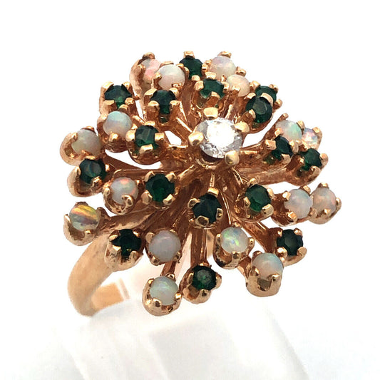 Gorgeous 14k Yellow Gold Diamond Emerald Opal Flower Cluster Ring Size 5.25