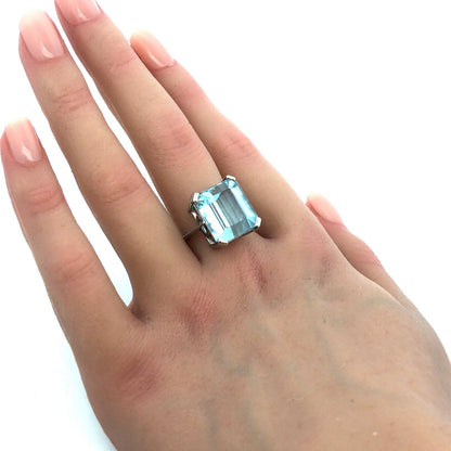 14K White Gold Large Emerald Cut Blue Topaz Solitaire Statement Ring