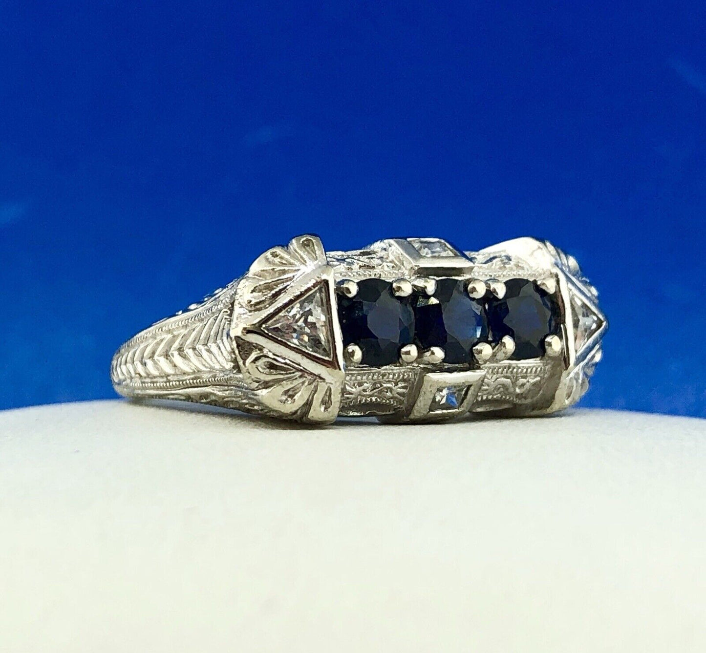 Art Deco Designer 14K White Gold Sapphire Cubic Zirconia CZ Anniversary Ring