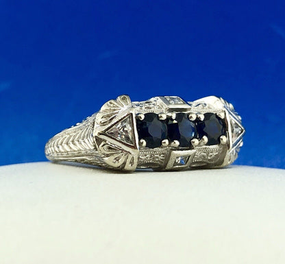 Art Deco Designer 14K White Gold Sapphire Cubic Zirconia CZ Anniversary Ring