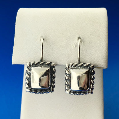 Retro Modernist 925 Sterling Silver Square Rope Halo Drop Dangle Earrings