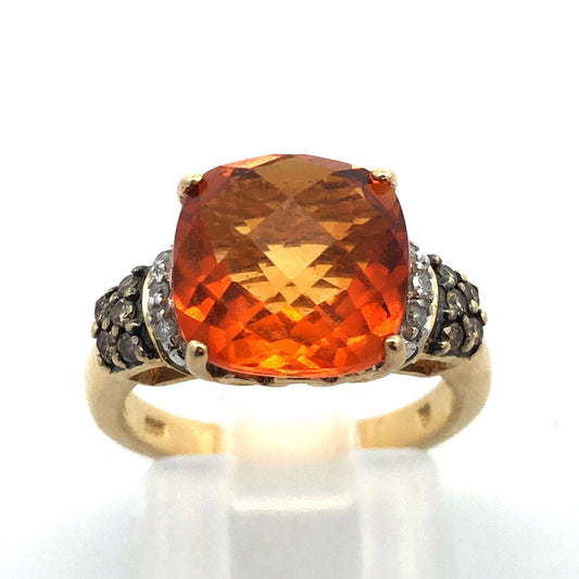 14K Yellow Gold Faceted Cushion Citrine Chocolate White Diamond Cocktail Ring