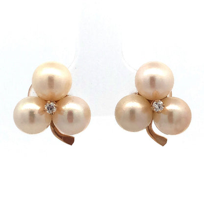 Vintage 14K Yellow Gold Pearl Trio Grape Cluster Diamond Accented Stud Earrings