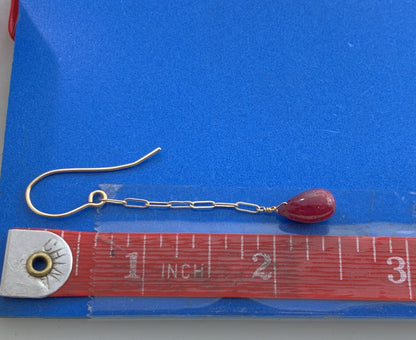Modernist 14K Yellow Gold Ruby Teardrop Paper Clip Chain Dangle Earrings