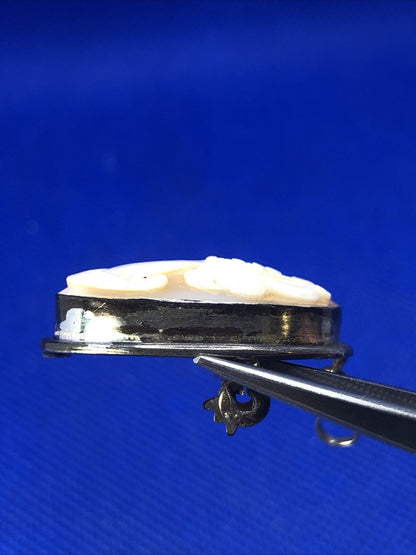 Victorian 800 Fine Silver Carved Woman Cameo Oval Pin Brooch Pendant