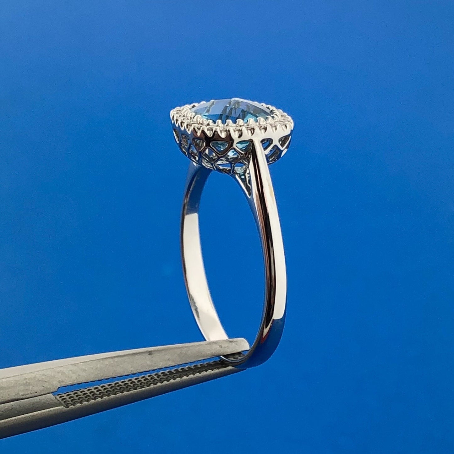 18K White Gold Square Blue Topaz Diamond Halo December Anniversary Ring