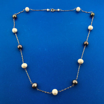 Designer 14K Yellow Gold Black And White Pearl Station Oval Link Necklace