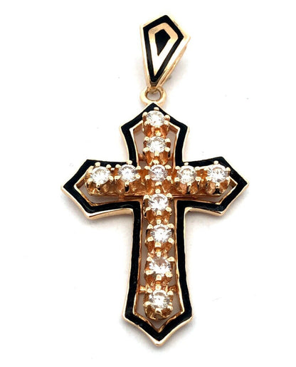 Estate 14K Yellow Gold Round Diamond Black Enamel Statement Cross Pendant