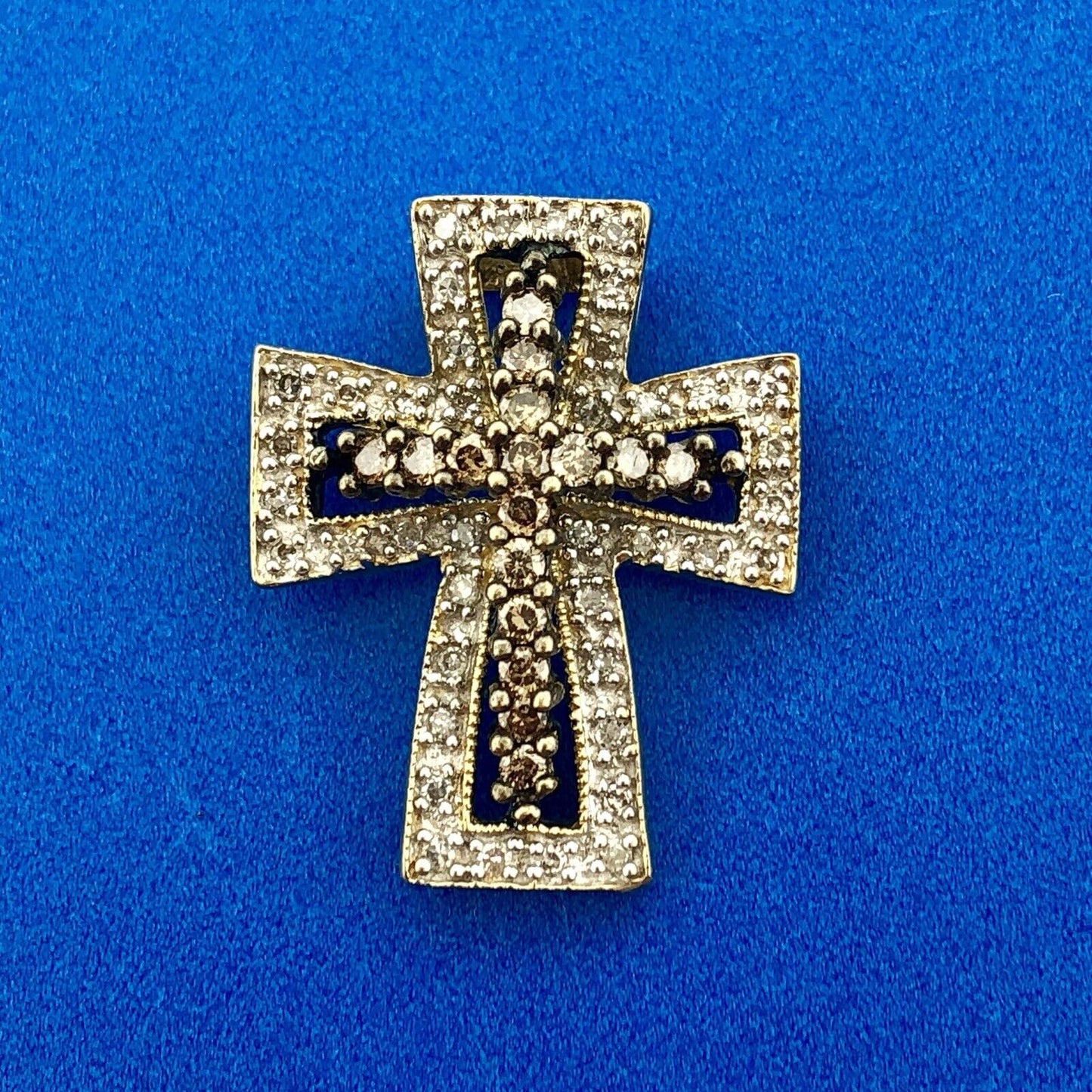 Designer 14K Yellow Gold White Champagne Diamond Statement Cross Pendant