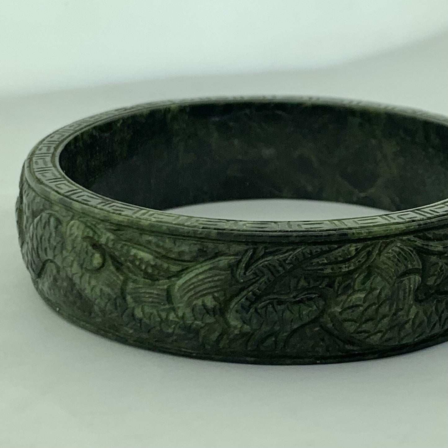 Vintage Carved Burmese Jade Dueling Dragon Fire Bird Statement Bracelet
