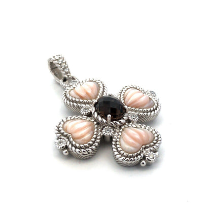 Judith Ripka 925 Sterling Silver CZ Smokey Quartz  Mother of Pearl Cross Pendant