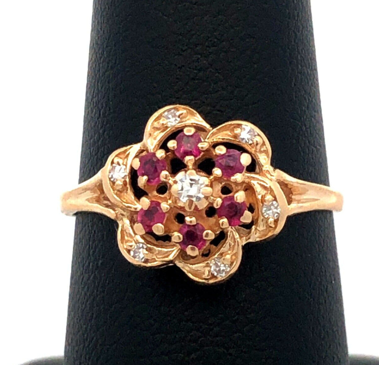 Designer HJW 14K Yellow Gold Round Diamond Ruby Flower Cocktail Ring