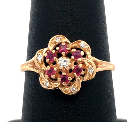 Designer HJW 14K Yellow Gold Round Diamond Ruby Flower Cocktail Ring