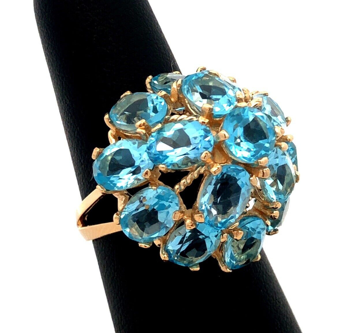 Designer EL 10K Yellow Gold Oval Blue Topaz Round Dome Statement Cocktail Ring