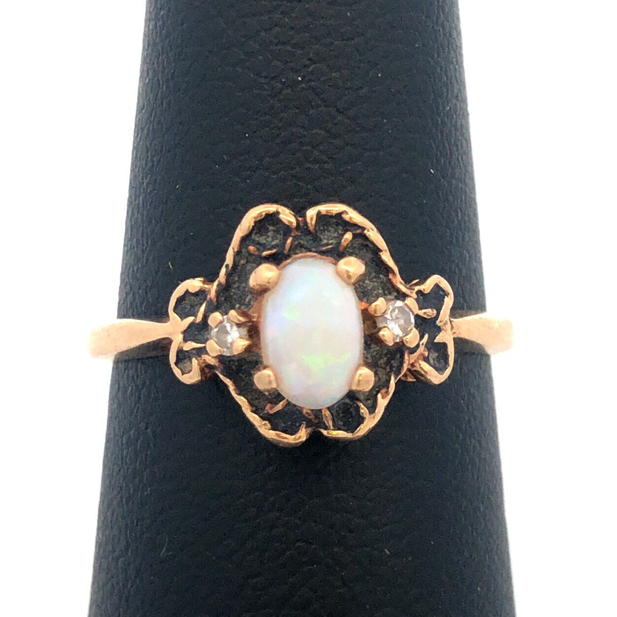 Retro 10K Yellow Gold Oval Opal Diamond Accent October Anniversary Ring
