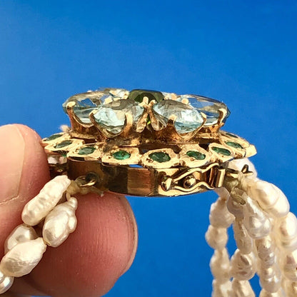 Retro 14K Yellow Gold Pearl Emerald Aquamarine Glass 8 Strand Statement Necklace