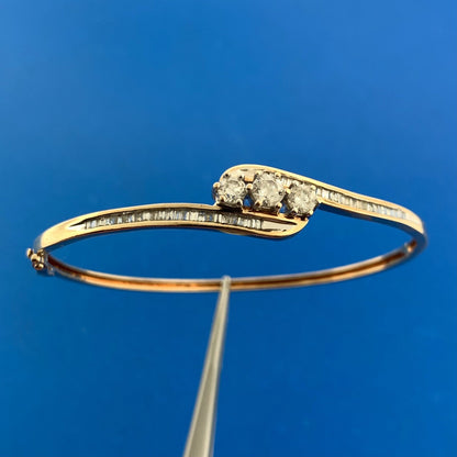 Designer 14K Yellow Gold Diamond Trio Baguette Accented Hinged Cuff Bracelet