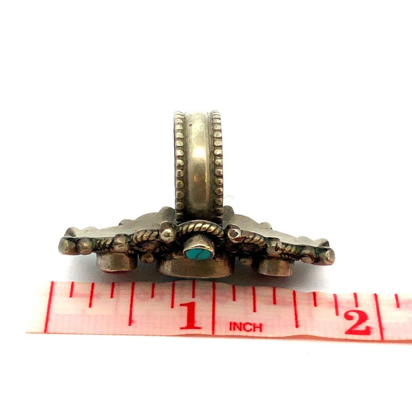 Native American Silver Plate Oval Turquoise Red Coral Detailed Statement Ring