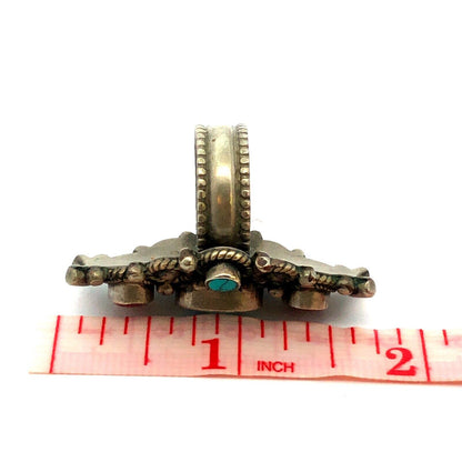Native American Silver Plate Oval Turquoise Red Coral Detailed Statement Ring