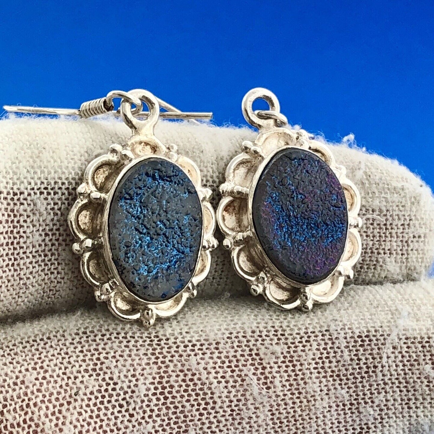 Estate 925 Sterling Silver Iridescent Purple Druzy Quartz Drop Dangle Earrings