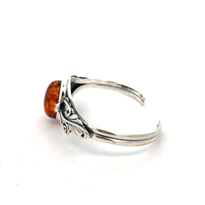 Vintage 925 Sterling Silver Oval Amber Leaves Nature Cuff Bracelet