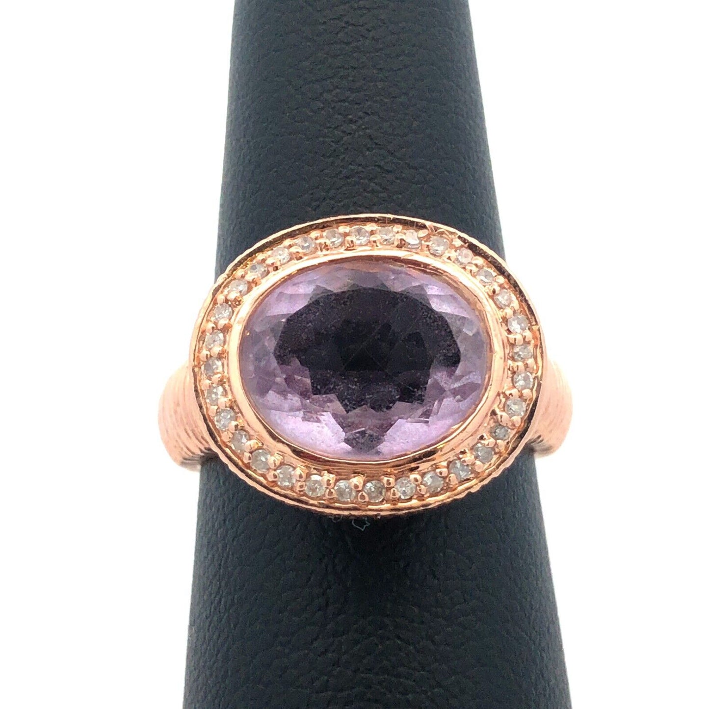 Designer 14K Rose Gold Oval Amethyst Diamond Halo Statement Size 7 Cocktail Ring