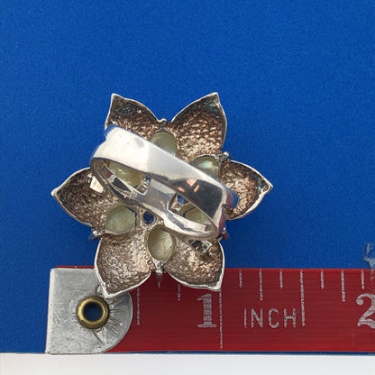 Sterling Silver FAS Cubic Zirconia CZ Moonstone Marcasite Flower Floral Ring