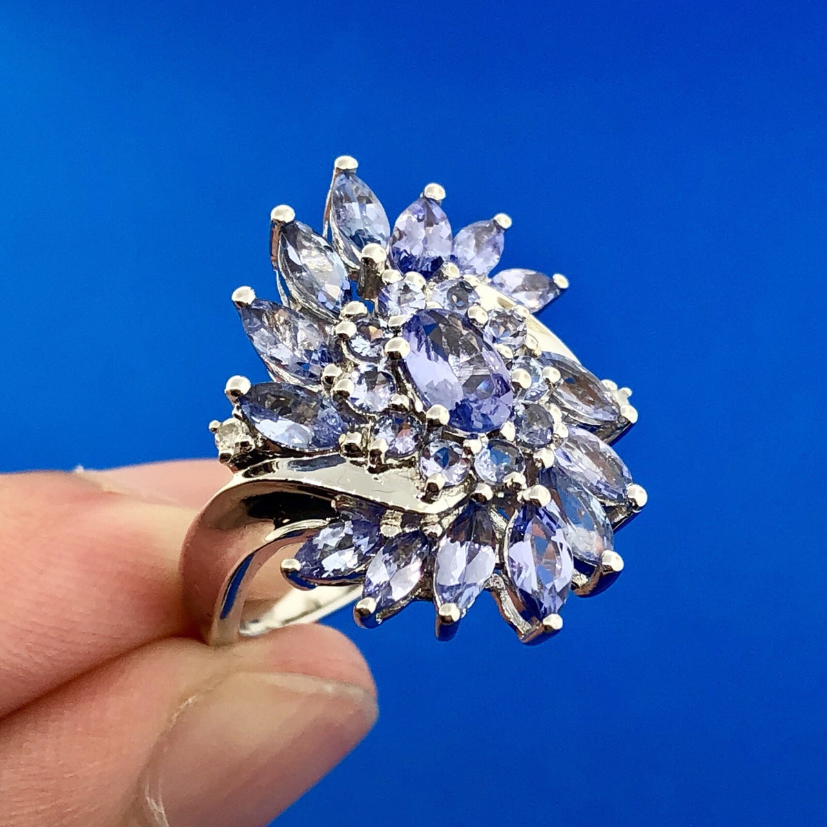 Stunning Designer JS 925 Sterling Silver Tanzanite Diamond Floral Cluster Ring