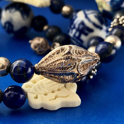 Sterling Silver 925 Lapis Ceramic Carved Cloisonne Bead Three Wrap Bracelet