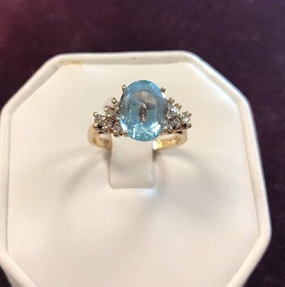 Vintage 10K Yellow Gold Blue Topaz Waterfall Diamond Engagement Anniversary Ring