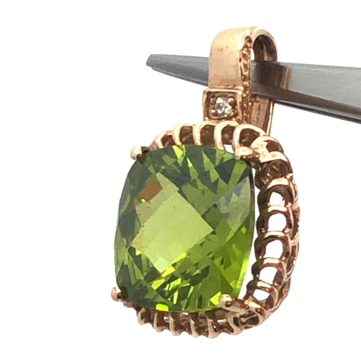 Gorgeous 14k Yellow Gold Cushion Chartreuse Green Sparkling CZ Statement Pendant