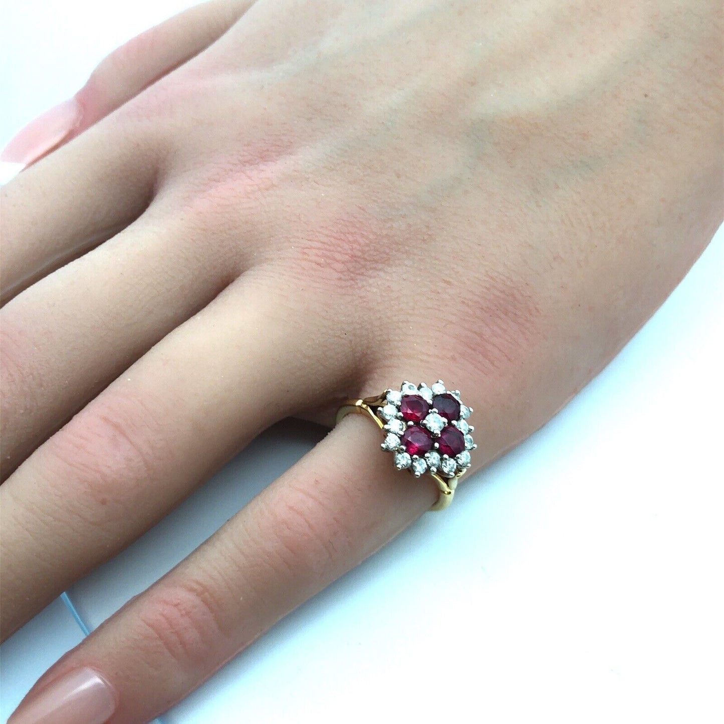 Estate Designer 18K Yellow Gold Ruby Diamond Flower Cluster Cocktail Ring