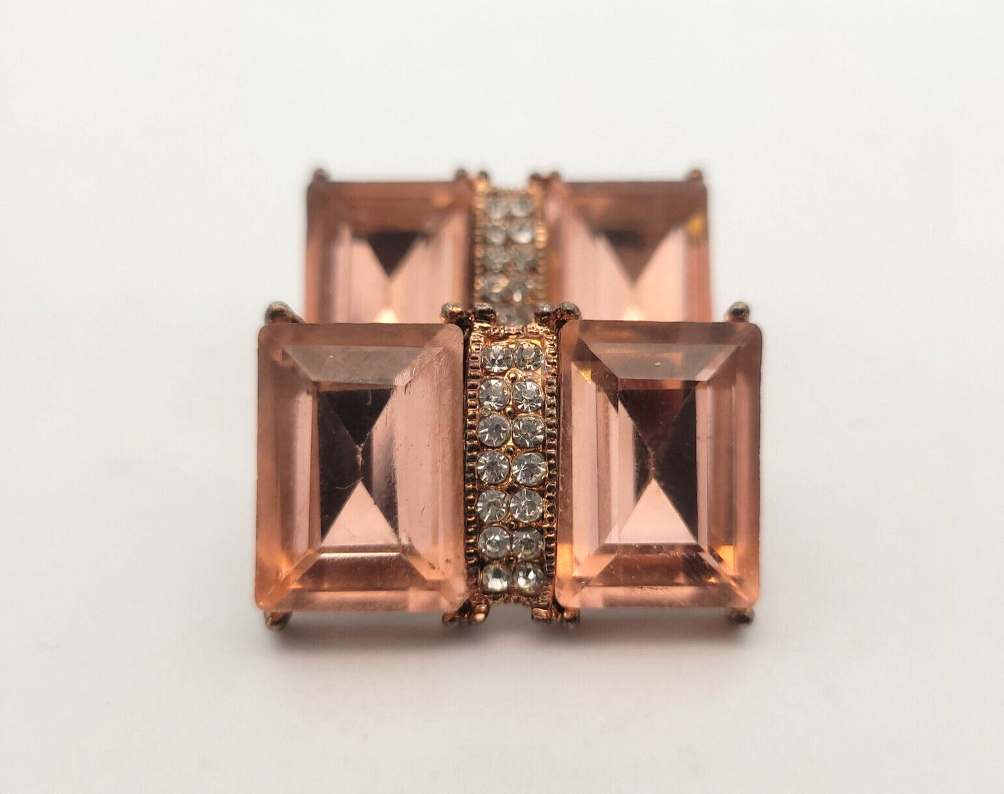 Vintage Copper Bronze Tone Pink & White Rhinestone Statement Clip On Earrings