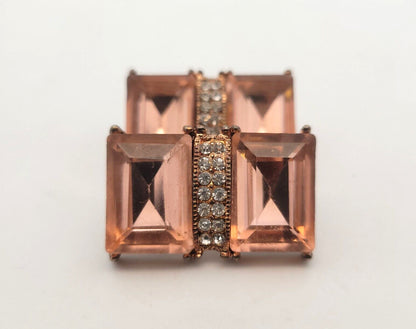 Vintage Copper Bronze Tone Pink & White Rhinestone Statement Clip On Earrings