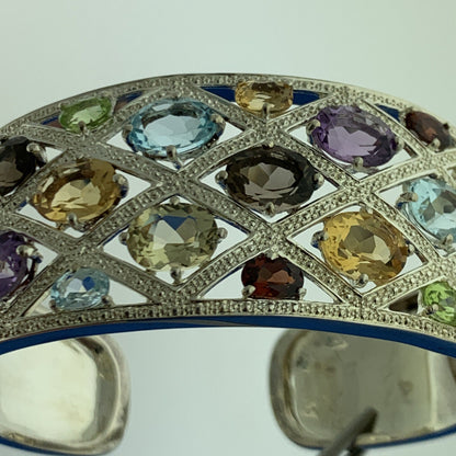 Designer Sterling Silver Multicolor Oval Quartz Statement Hinged Cuff Bracelet
