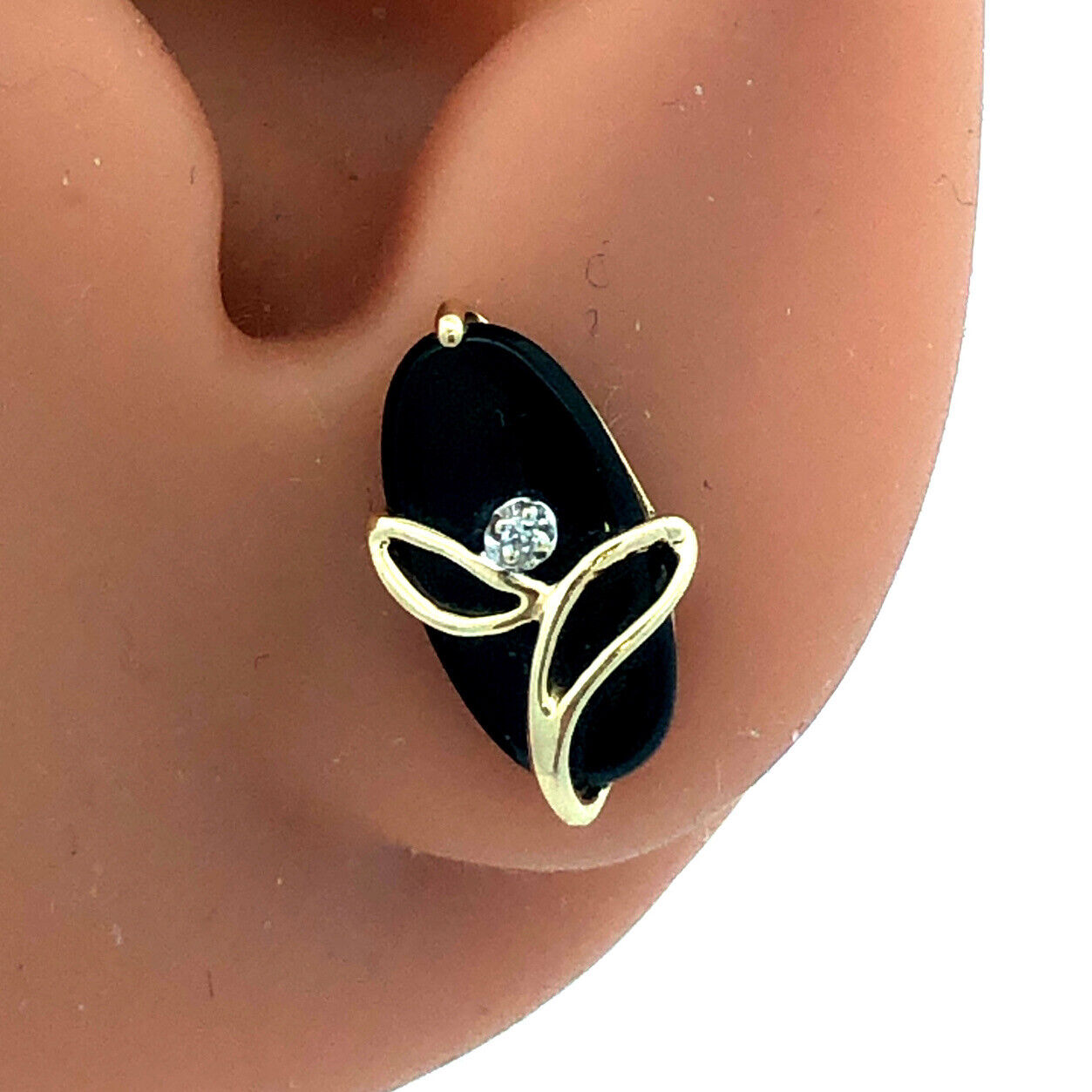 10K Yellow Gold Vintage Oval Black Onyx White Topaz Flower Stud Earrings