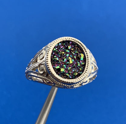 Estate 925 Sterling Silver Drusy Quartz Scroll Open Work Cocktail Ring