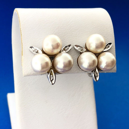 Mid Century Glamorous 14K White Gold Pearl Diamond Bridal Screw Clip Earrings