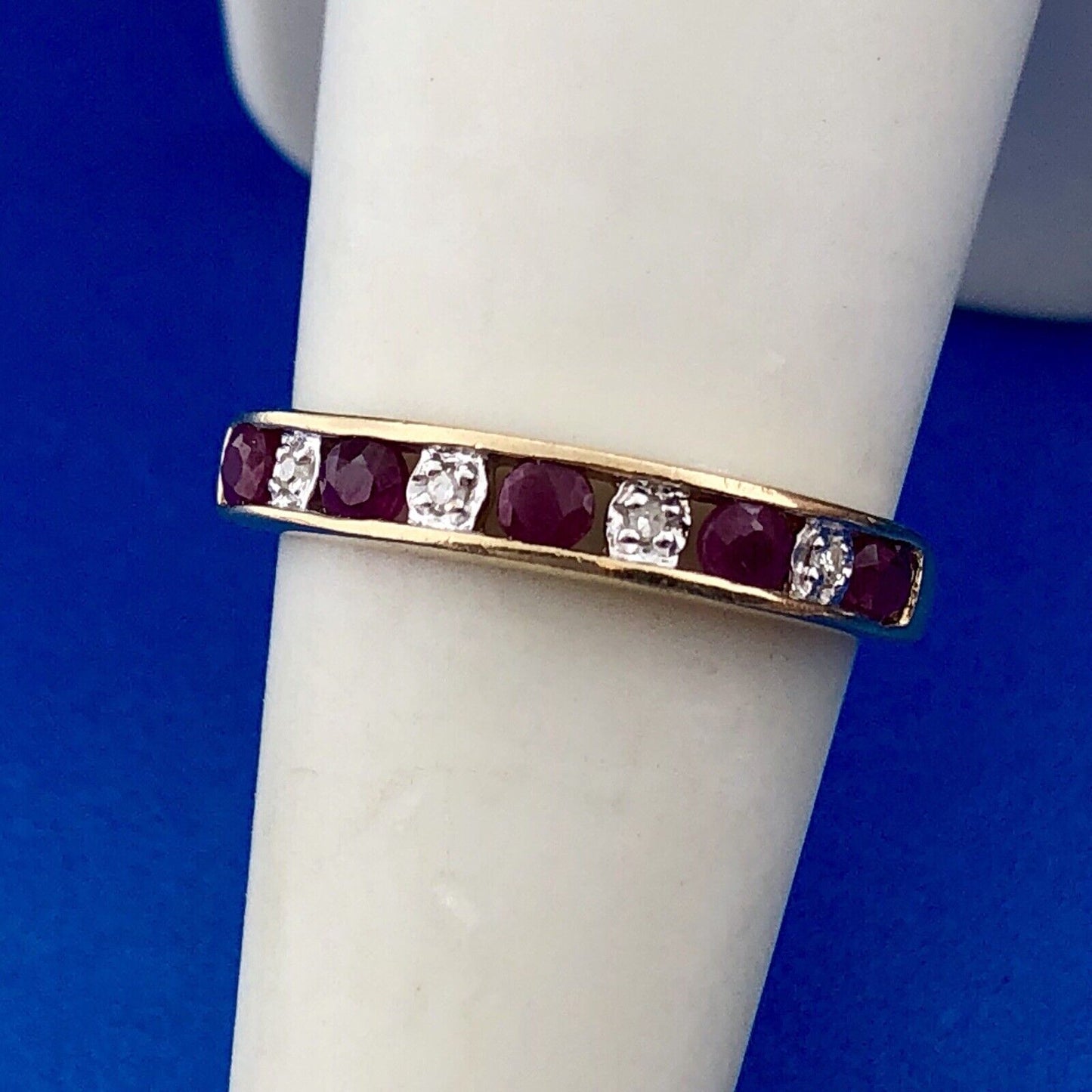 Classic 10K Yellow Gold Ruby Diamond Bridal Anniversary Birth Stone Band Ring